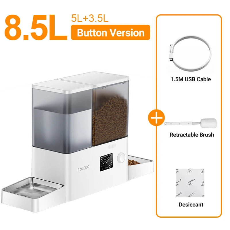 ROJECO Automatic Pet Feeder Water Fountain 8.5L Button Version Dog Food Dispenser Water Refill 2 in 1 Drinking Feeding Supplies